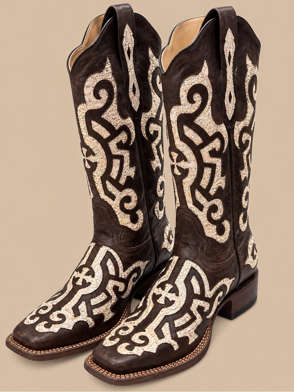 Embroidered Dark Brown and Cream Western Boots